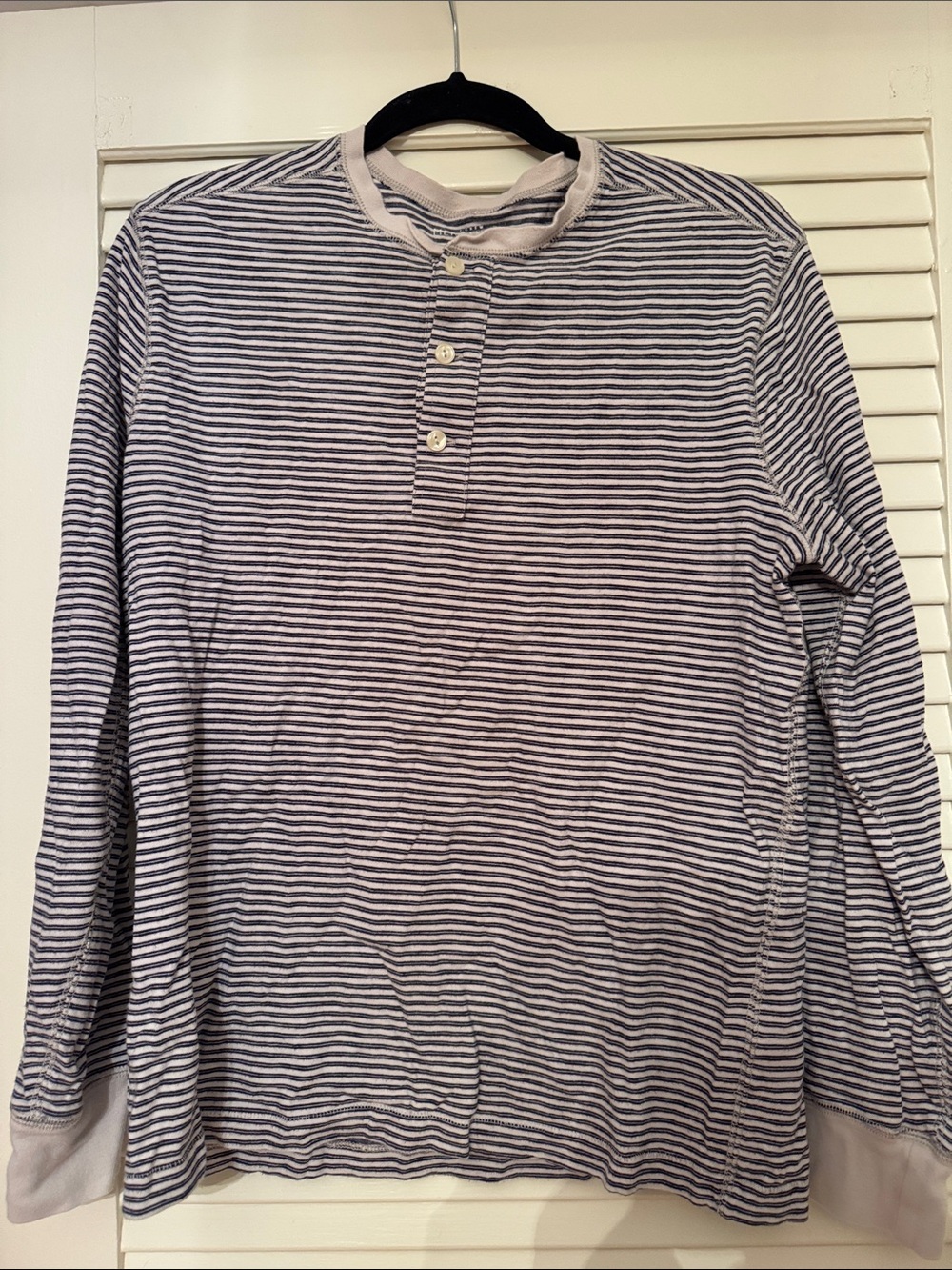 Men's Navy and White Striped Henley Long-Sleeve Shirt